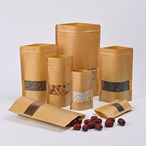 200 sachets refermables en papier kraft pour thé, sachets en papier givré pour en-cas, sachets à fenêtre pour fruits secs, sachets à fond plat, 9 x 14 cm + 3 sachets à fenêtre givrée (1/5)
