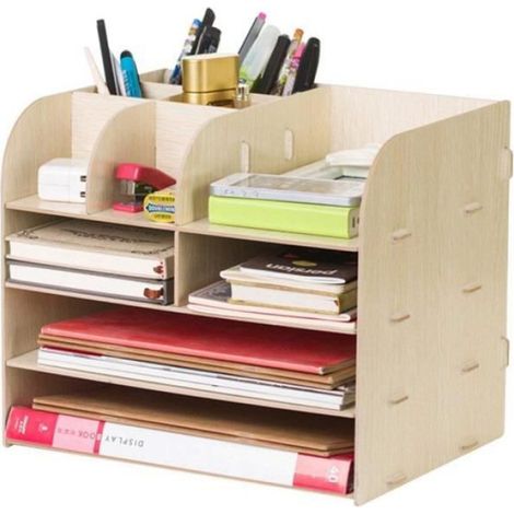 Organiseur de Bureau - Bois - 4 Compartiments avec Tiroir - 32 x 25 x 27.5 cm - Beige - 1 Pièce (1/4)