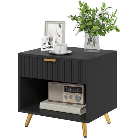 Stylish Black and Gold Bedside Table with Drawer and Shelf for Modern Bedroom Decor