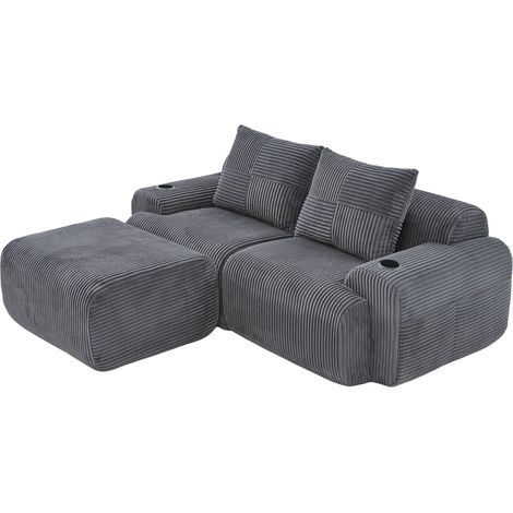 Sofá modular de pana gris oscuro con puf, portavasos y bolsillo lateral (1/5)