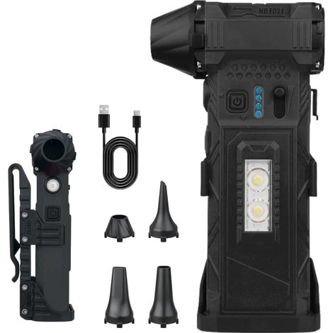 Soffiatore ad aria compressa senza fili, velocità regolabile 14-45 m/s, 4 ugelli, torcia a LED, autonomia 110 minuti, batteria da 6000 mAh