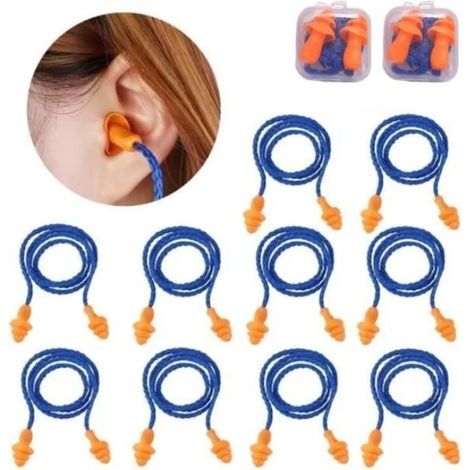 Pack of 10 pairs of reusable silicone wired earplugs for noise cancellation and hearing protection (orange) (1/4)