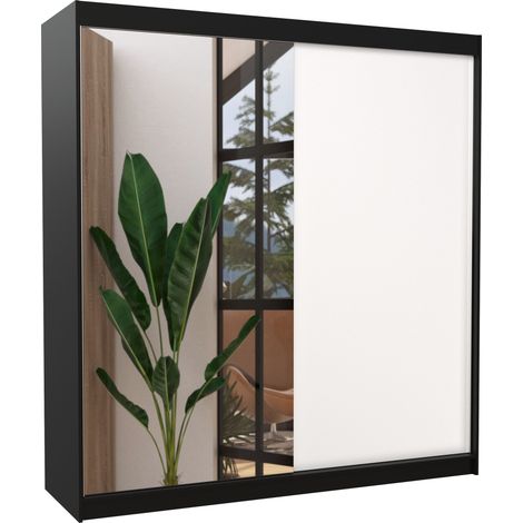 Armoire moderne noir avec 2 portes coulissantes 1 blanche 1 miroir Davia 200cm (1/5)