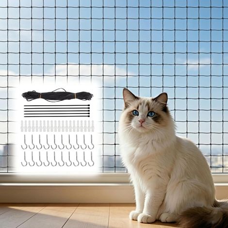 6x3m Filet à Chat Renforcé de Fil pour Balcon avec Accessoires Noir (1/5)