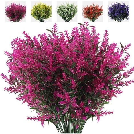 8 Bouquets de fleurs artificielles, fausses plantes d'extérieur, fleurs de lavande artificielles anti-UV, arbustes en plastique, décorations d'intérieur et d'extérieur (violet) (1/4)