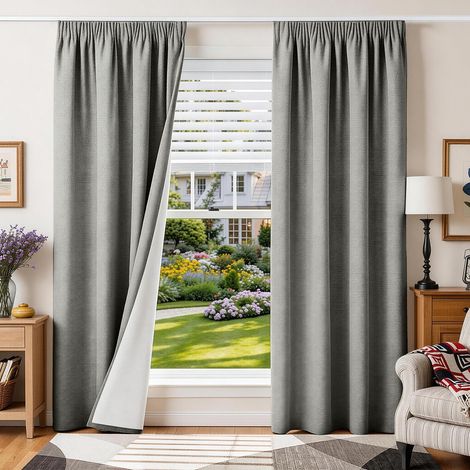 100% Blackout Curtain with Ruffle Tape Thermal Insulation Anti Cold, Set of 2, 140 x 220 (LxH) Linen Curtains for Bedroom Living Room Rail Anti Heat Noise Light Grey (1/5)
