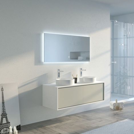 Distribain – Meuble sous vasque simple 120 cm – MDF beige galet et blanc – Double vasque avec miroir LED panoramique – Entretien facile (1/5)