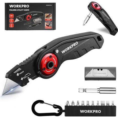 WORKPRO Cutter Multifonction Pliable 2-en-1 avec Tournevis à Cliquet Cutter Utilitaire avec 10 Embouts et 10 Lames SK5, Changement Rapide de Lame, Manche en Aluminium pour Réparations et DIY (1/5)