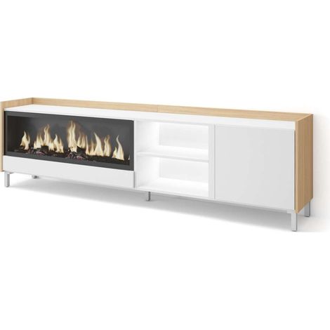 Mueble TV Parauta-01 de 212x61x35 cm con chimenea eléctrica y luces LED, diseño industrial, color blanco y roble soft (1/4)