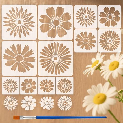 12Pcs Pochoir en Forme de Marguerite pour Peinture Grand Pochoir Floral en Pet de 30x30/20x20/15x15cm Réutilisable Avec Pinceau pour Décoration Murale et Projets D'Artisanat (1/5)