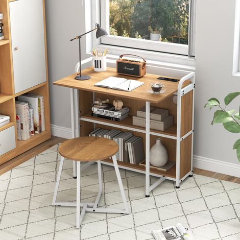 Pliage facile, bureau avec tabouret, 2 étagères de rangement et prises intégrées (1/5)