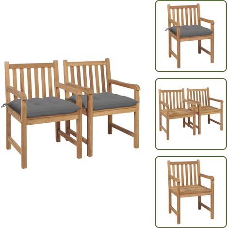 Gartenstühle 2 Stk. mit Grauen Kissen Massivholz Teak - Gartenstühle - Teakholz Gartenmöbel - Ausziehbarer Stuhl - Outdoor Möbel - Balkonmöbel (1/5)