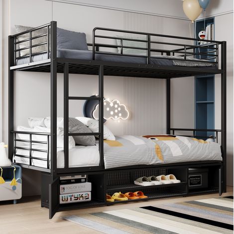Cama litera moderna 90x200 cm de metal negro con escalera, barandilla de seguridad y zapatero con 2 puertas (1/5)