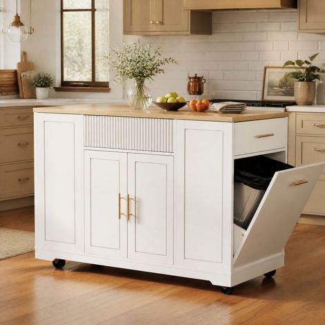 Isola da cucina 120x50x92 cm su rotelle, 2 ante, 3 cassetti, bianco DESVIAE (1/5)