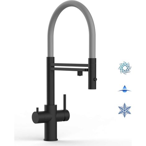 Rubinetto 5 VIE miscelatore lavello cucina in ACCIAIO INOX, canna girevole 360° e doccetta 2 getti movibile, PVD Nero Opaco / Grigio (1/5)