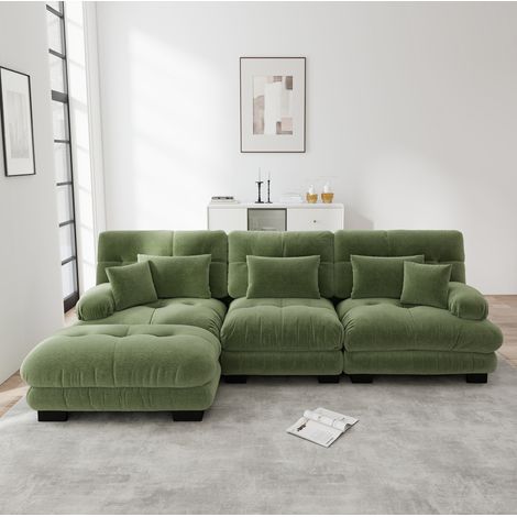 Divano angolare modulare L 313 x 145 x 81 cm con ottomana, ciniglia verde DESVIAE (1/5)