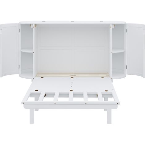 Lit armoire 140 x 200 cm, lit mural avec sommier à lattes, lit escamotable vertical, avec rangements, design en rotin, lits en bois, lits jeunesse, lits simples, blanc (1/5)