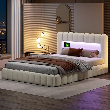 Polsterbett 140 x 200 cm mit Bettkasten, verstellbarer LED-Beleuchtung und USB-Ladefunktion, Leinen, Beige