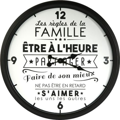 Horloge Murale Noire et Blanche Ø50cm "Règles de Famille" (1/3)