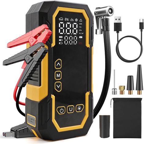 Démarreur Voiture avec Compresseur 150PSI, Écran Large Luminosité, Lampe LED 4 Modes, Jump Starter pour Voiture et Moto (1/5)