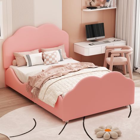 Lit enfant 90/200 cm rose en velours avec barrières hautes et tête nuage réglable (1/5)