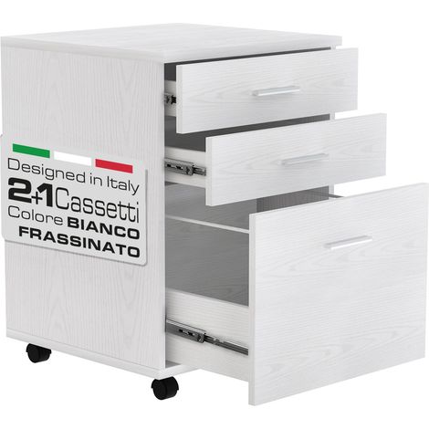 Cassettiera Scrivania Ufficio Mobiletto Stampante 3 Cassetti Bianco Frassinato (1/5)
