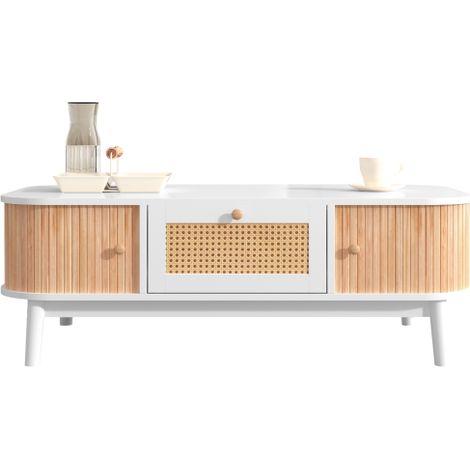 Tavolino da caffè - tavolino da caffè in rattan, cassetti con inserti in rattan e ante scorrevoli con doghe in legno massello, gambe in legno massello, stile rustico naturale. (1/5)