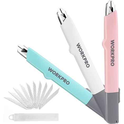 WORKPRO Lot de 3 Cutters Professionnels, Couteau Utilitaire Rétractable 9mm, Positions de Verrouillage, Cuter Rétractable, 10 Lames de Rechange Comprises, Idéal pour Papier, Carton, Trois Couleurs (1/5)