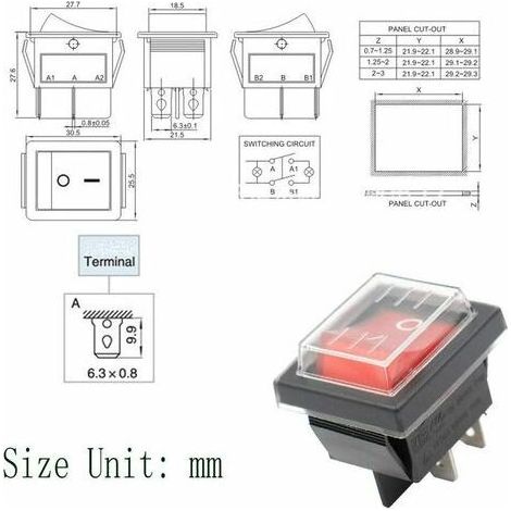 Interruttore a bilanciere ON/OFF a 3 pezzi con luce rossa e copertura impermeabile, 16A/250V, 20A/125V (1/5)
