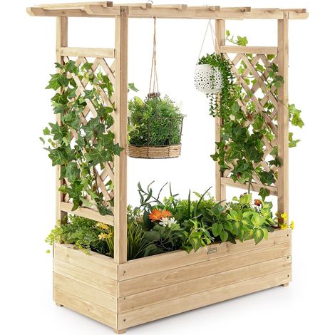 COSTWAY Fioriera da Esterno con Grigliato, Letto Rialzato da Esterno per Piante Rampicanti con Traliccio e Fori di Drenaggio, Aiuola Elevata da Giadino e Cortile, 100 x 44 x 113,5 cm (Naturale) (1/5)