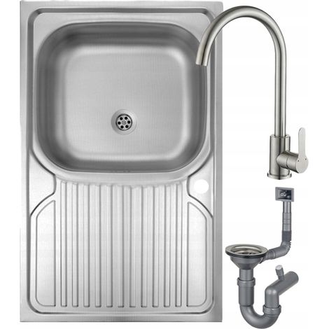 Einzelbecken-Edelstahlspüle mit Hahnloch, Armatur und Siphon 80x60
