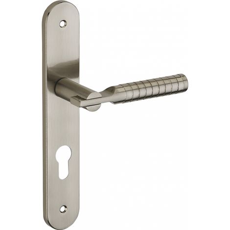 Thirard – Poignée de porte d'entrée à cylindre – Acier embouti nickelé brossé – Entr'axe 195mm – Carré 7mm – Type béquille avec trou de cylindre