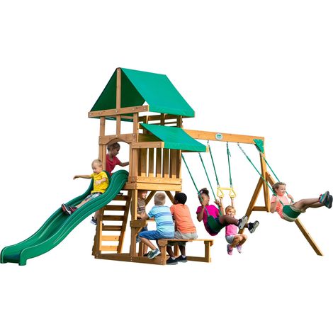 Aire de jeux en bois avec balançoires et toboggan – Bac à sable et table de pique-nique – Structure en cèdre écologique – 244 cm de toboggan – Backyard Discovery