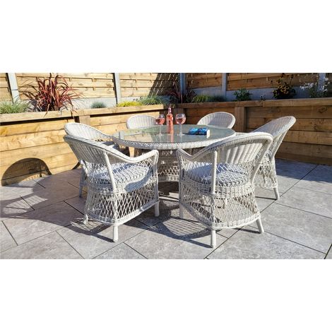 Signature Weave Rose Wicker 6 Seater Round Dining Table Arm Chair Set White (1/3)