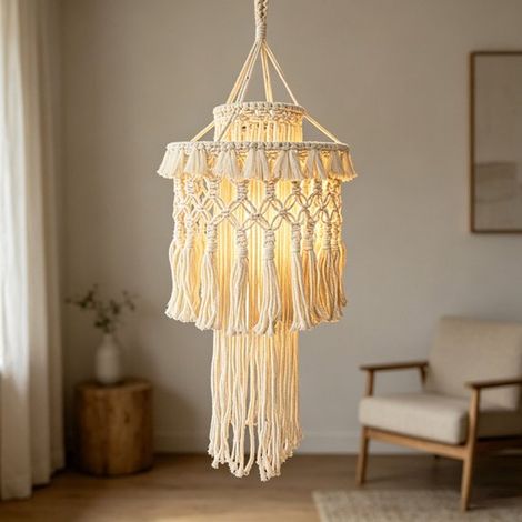 Abat-jour bohème fait main en corde de coton tressée, suspension double couche ornée de pompons en dentelle, décoration scandinave pour chambre, ornement de lampe tissé, 30 x 76 cm (1/2)