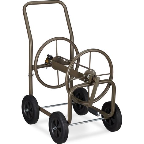 Relaxdays Hose Trolley XL, Mobile Portable Reel, Metal, for 60m Hoses, 4 Wheels & with Crank, 90° Unwinding, Brown