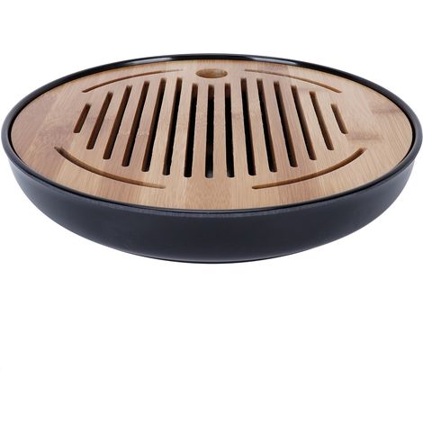 Plateau de service en bambou pour thé, soucoupe de théière avec drainage et stockage d'eau, plateau rond 10 pouces pour maison (1/5)