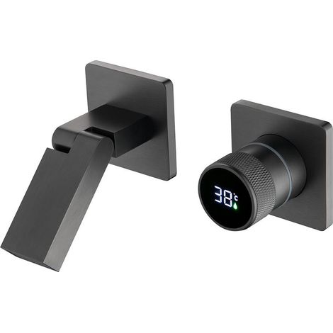 Robinet De Salle De Bain Avec Affichage Numérique LED, Robinet Lavabo Mural Pliable À 180° Mitigeur De Lavabo Robinets Cascade De Baignoire Avec L’Eau Froide & Chaude, Gris Pistolet (1/5)