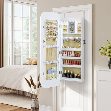 Armoire à Bijoux avec Miroir 6 LED Organiseur de Bijoux Verrouillable à Montage Mural ou sur Porte avec Miroir Arrondi 42x10x107,5cm Blanc (1/2)