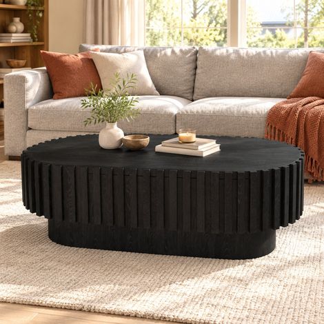 Mesa de centro ovalada 100 × 50 × 35,5 cm negra de MDF con cajón (1/5)