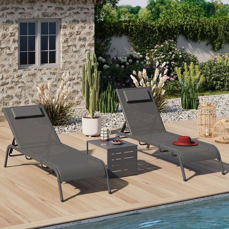 Lote de 2 tumbonas de jardín reclinables BORA con mesa lateral ajustable en acero gris antracita y tela gris
