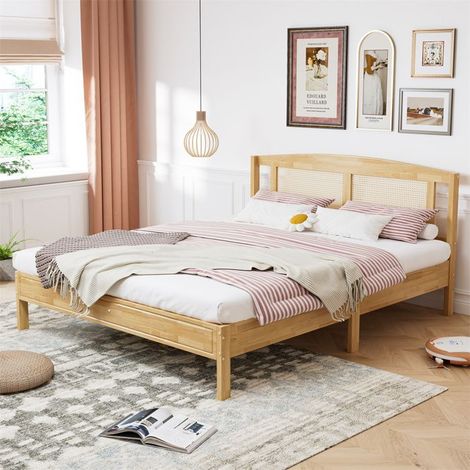 Lit double - SINGULARITY - 160X200cm - Rotin naturel - 15 lattes & pieds centraux - Sommier inclus