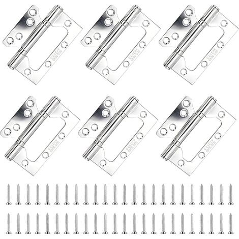 Lot de 6 charnières de porte en acier inoxydable de 10,2 cm, charnières à roulement à billes très résistantes pour portails en bois, placard, fenêtres, extérieur et intérieur, avec 48 vis (argenté) (1/5)