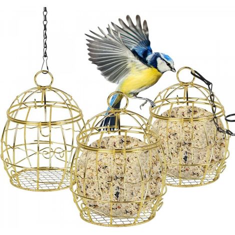 Or - Mangeoire à oiseaux, set de 3 mangeoires à oiseaux sphériques suspendues, mangeoire à oiseaux en métal résistante aux écureuils, mangeoire à oiseaux d'extérieur pour petits oiseaux sauvages (1/5)