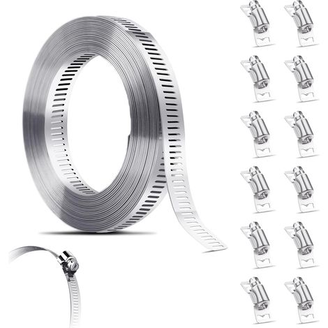 Collier de Serrage Inox 5m en Acier Inoxydable Ajustable Sangle Collier de Serrage avec 12 Pièces de Fixation pour Tuyau D'échappement Intercooler Machine à Laver Voiture Piscine (1/5)