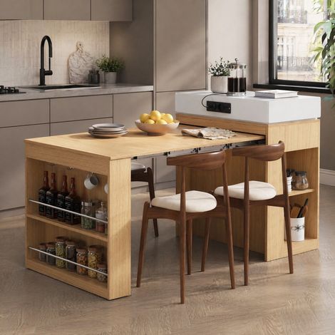 Îlot de cuisine avec table extractible et pliable, prises et crochets, MDF verre, naturel OKWISH (1/5)