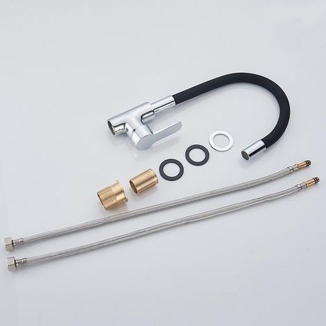 Robinet de Cuisine avec Bec Flexible, Mitigeur d'évier Monocommande, Chrome,Noir, avec tuyau d'arrivée d'eau, eau chaude et froide (1/4)