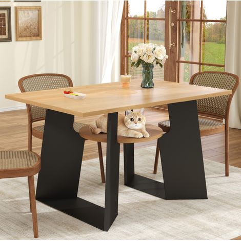 Mesa de comedor 130x85x75 cm negro y natural en MDF con zona para mascota y almacenaje (1/5)