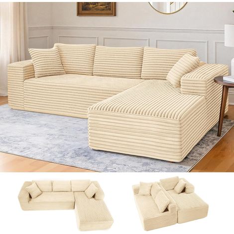 Comhoma – Canapé d'angle modulable 105" – Assise profonde – Mousse haute densité – Base antidérapante – Installation simple – Velours côtelé beige (1/5)