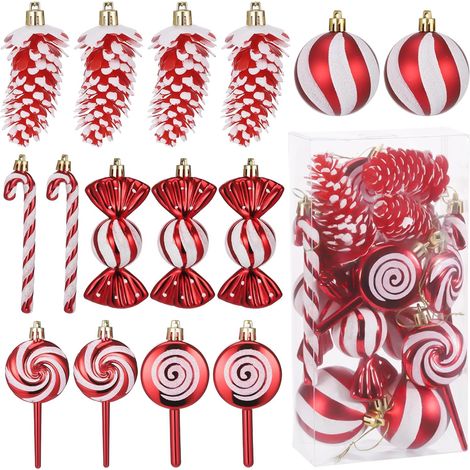 Boule De Noel - Rouge Et Blanc - Décoration Arbre De Noel Lot De 15 Pièces - Pomme De Pin Sucette Canne Bonbon - Pour Intérieur Extérieur - 15 Pièces (1/5)